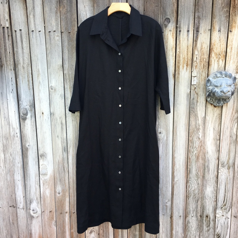 About Design Corp Linen Tunic Midi Shirt Dress Black L